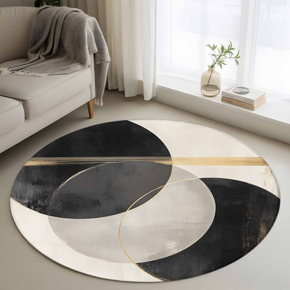 Abstract Art Round Rugs for Living Room 3ft Black Gold Circle Moon Stripe Mottled Geometric Non Slip Circle Rug Washable Low-Profile Indoor Carpet for Bedroom, Dining Room, Bathroom