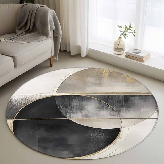 Abstract Art Round Rugs for Living Room 3ft Mottled Geometric Moon Black Gold Circle Striped Non Slip Circle Rug Washable Low-Profile Indoor Carpet for Bedroom, Dining Room, Bathroom