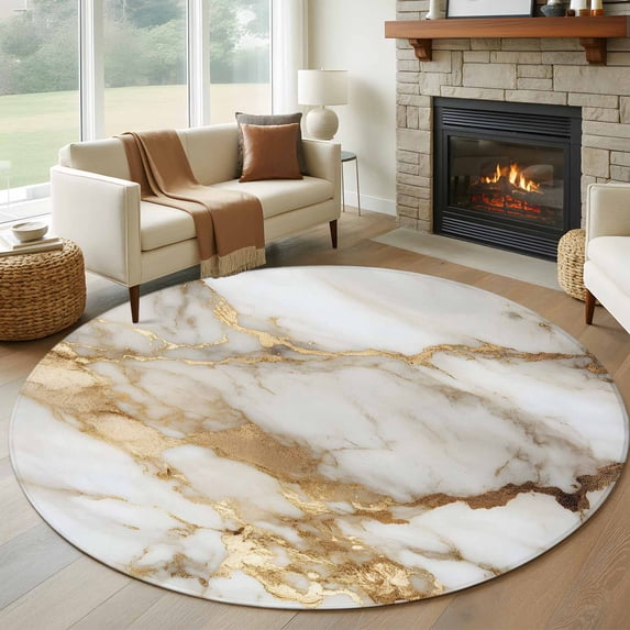 Abstract Art Round Rugs for Living Room 6ft White Marble Pattern Gold Crack Rock Texture Non Slip Circle Rug Washable Low-Profile Indoor Carpet for Bedroom, Dining Room, Bathroom
