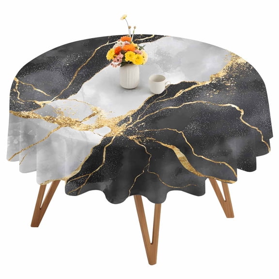 Abstract Art Round Tablecloth 54 inches Gold Black Water Ripple Gradient Marbling Waterproof Oil-Proof Table Cloth Round Table Cover for Holiday Party Picnic Dinner Decor Indoor and Outdoor Use