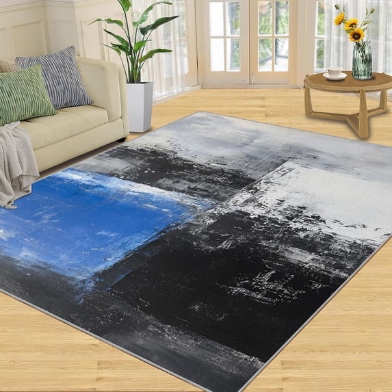 Abstract Art Rugs for Bedroom, Modern Geometric Area Rug, Blue Black ...