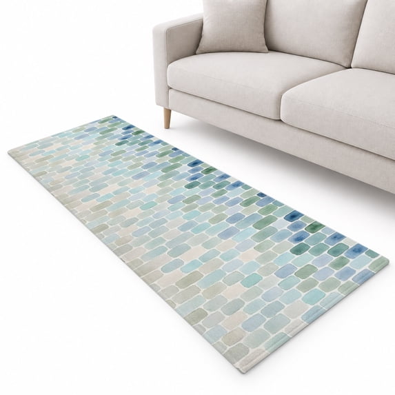 Abstract Art Runner Rug 2.6'x10', Blue Green Watercolor Gradient Mosaic ...