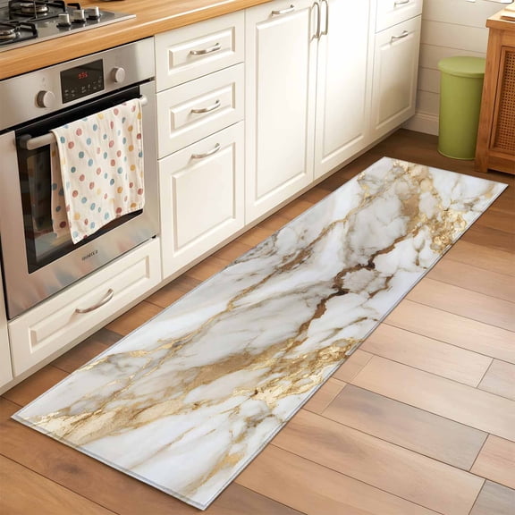 Abstract Art Runner Rug for Hallway 2x6ft, White Marble Pattern Gold Crack Rock Texture Non Slip Floor Mat Washable Low-Profile Indoor Carpet for Living Room, Bedroom, Dining Room