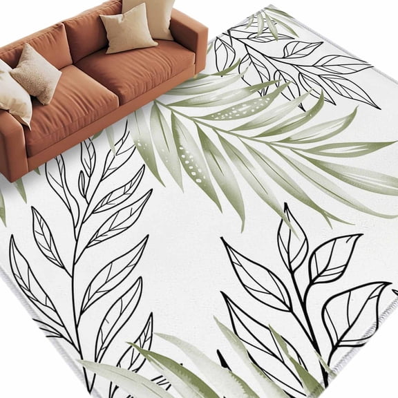 Abstract Art Sage Green Leaves Area Rug 5x7ft Watercolor Leaf Modern Style Non-Slip Washable Square Rugs Soft Felt Indoor Floor Mat for Bedroom Kitchen Living Room Bathroom