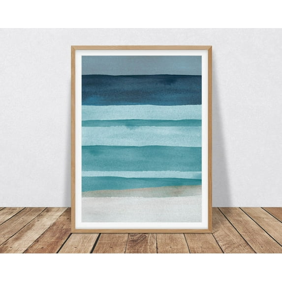 Abstract Art Seascape Featuring Teal, Navy Blue And Beige, Coastal Decor Wall Art Home Decor #3727, Unframed Poster Size 16x24