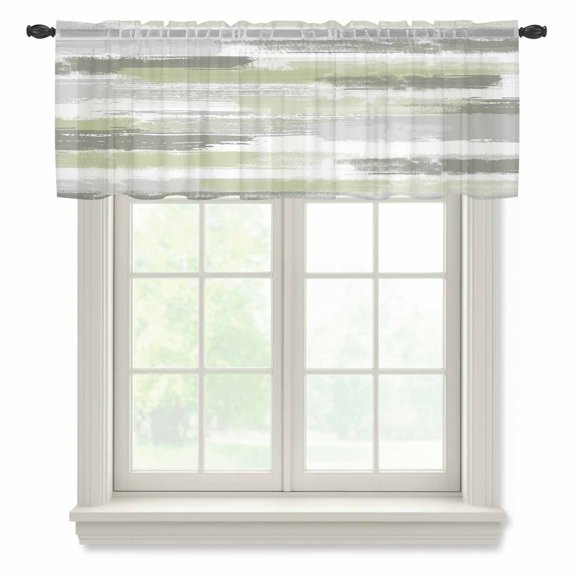 Abstract Art Semi Sheer Valance Curtains Green Gray Mottled Color Block Oil Painting Voile Valances Curtain Rod Pocket Small Window Treatment for Kitchen Bathroom Cafe 42"x12"