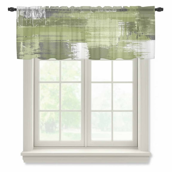 Abstract Art Semi Sheer Valance Curtains Sage Green Mottled Color Block Oil Painting Voile Valances Curtain Rod Pocket Small Window Treatment for Kitchen Bathroom Cafe 42"x12"