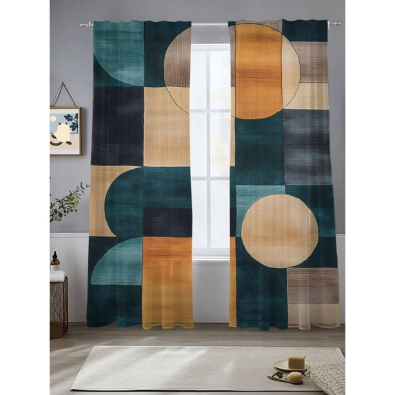 Abstract Art Sheer Curtains 108 Inches Long 2 Panels Blue Brown Color Block Composition Light Filtering Semi Sheer Window Curtains Drapes for Bedroom Living Room 52"x108"