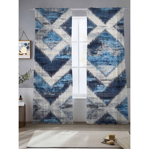 Abstract Art Sheer Curtains 108 Inches Long 2 Panels Blue White Gray Geometric Vintage Modernism Light Filtering Semi Sheer Window Curtains Drapes for Bedroom Living Room 52"x108"