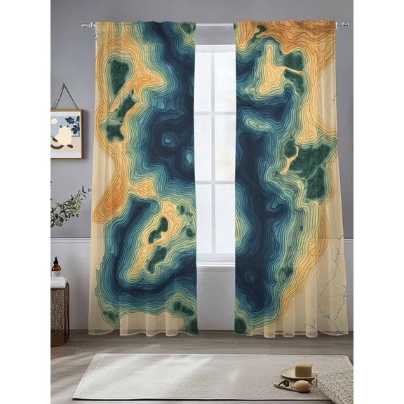 Abstract Art Sheer Curtains 108 Inches Long 2 Panels Navy Orange Texture Impressionist Style Light Filtering Semi Sheer Window Curtains Drapes for Bedroom Living Room 52"x108"