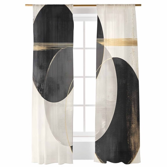 Abstract Art Sheer Curtains 108 inches Long 2 Panels Set Black Gold Circle Moon Stripe Mottled Geometric Sheer Window Curtain Rod Pocket Voile Drapes for Living Room/Bedroom, Each 52" W x 108" L