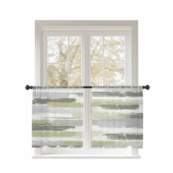 Abstract Art Sheer Curtains 2 Panels Set Green Gray Mottled Color Block Oil Painting Lihgt Filtering Rod Pocket Voile Drape, Semi Sheer Window Curtains for Bedroom Living Room, 52"x45"