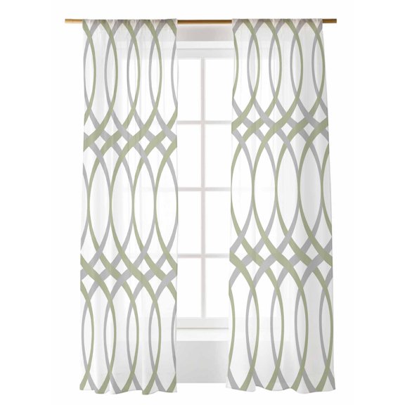 Abstract Art Sheer Curtains 2 Panels Set Green Grey Twisted Lines Geometric Vintage Lihgt Filtering Rod Pocket Voile Drape, Semi Sheer Window Curtains for Bedroom Living Room, 52"x96"