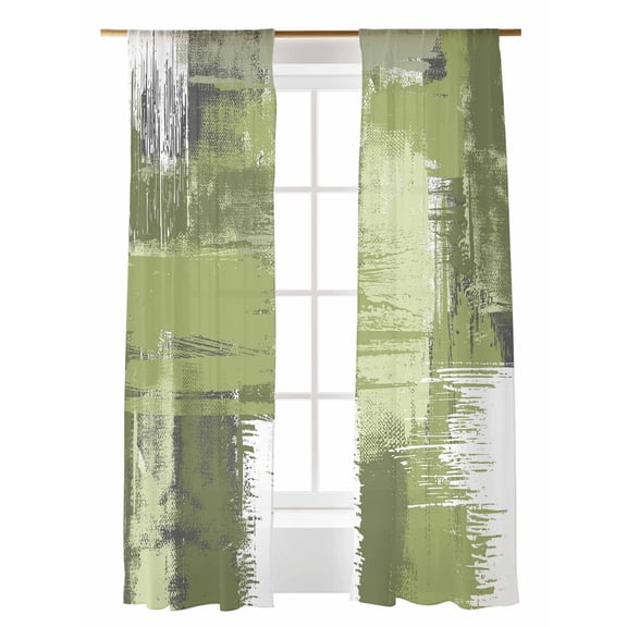 Abstract Art Sheer Curtains 2 Panels Set Sage Green Mottled Color Block Oil Painting Lihgt Filtering Rod Pocket Voile Drape, Semi Sheer Window Curtains for Bedroom Living Room, 52"x108"