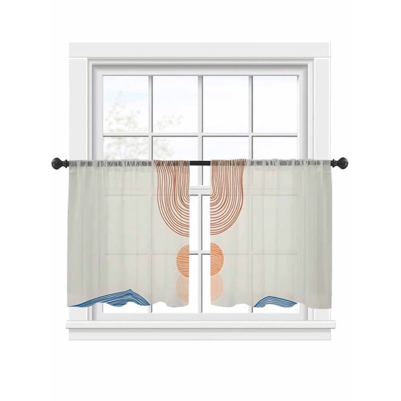 Abstract Art Sheer Curtains 2 Panels Set Sunset Orange Blue Line Modern Geometric Sheer Window Curtains Light Filtering Rod Pocket Voile Drapes for Bedroom Living Room 52"x54"
