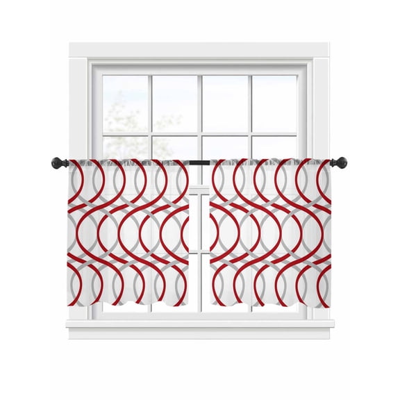 Abstract Art Sheer Curtains 45 Inch Long 2 Panels, Red Grey Twisted Lines Geometric Vintage Light Filtering Rod Pocket Semi Sheer Curtains, Sheer Voile Drapes for Living Room Bedroom, 52"x45"