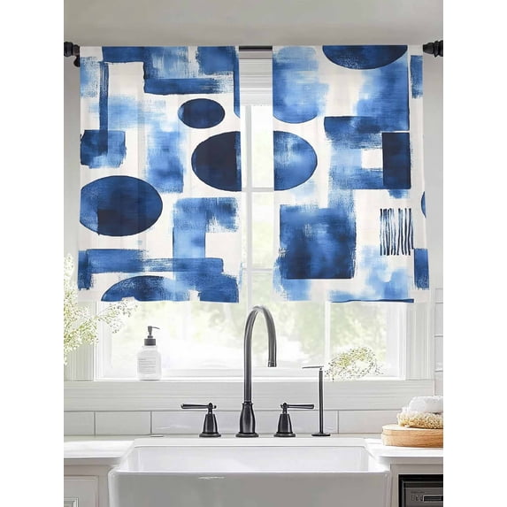 Abstract Art Sheer Curtains 45 Inches Long 2 Panels Blue Geometric ...