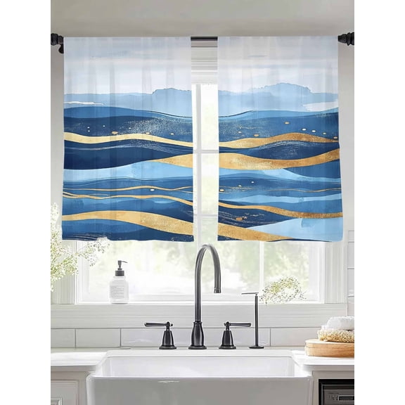 Abstract Art Sheer Curtains 45 Inches Long 2 Panels Blue Wave Effects with Golden Graffiti Art Light Filtering Semi Sheer Window Curtains Drapes for Bedroom Living Room 52"x45"