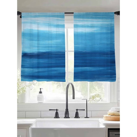 Abstract Art Sheer Curtains 45 Inches Long 2 Panels Modern Ocean Waves Blue Ombre Painting Style Light Filtering Semi Sheer Window Curtains Drapes for Bedroom Living Room 52"x45"