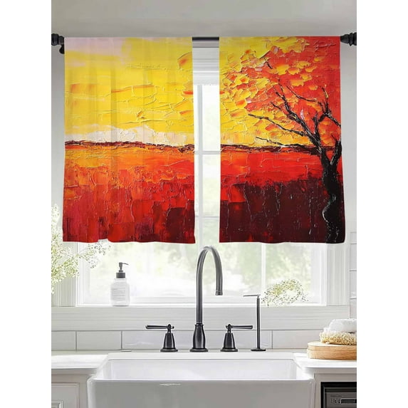 Abstract Art Sheer Curtains 45 Inches Long 2 Panels Modernism Red Yellow Water Ripple Tree Light Filtering Semi Sheer Window Curtains Drapes for Bedroom Living Room 52"x45"