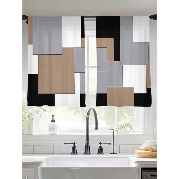 Abstract Art Sheer Curtains 45 inches Long 2 Panels Set Brown Black Gray Splice Tiers Sheers Rod Pocket Small Window Short Curtains for Kitchen Cafe, Each 52" W x 45" L
