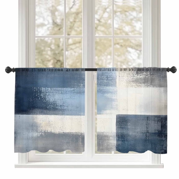 Abstract Art Sheer Curtains 45 inches Long 2 Panels Set Color Block Gary Blue Collage Oil Painting Tiers Sheers Rod Pocket Small Window Short Curtains for Kitchen Cafe, Each 52" W x 45" L