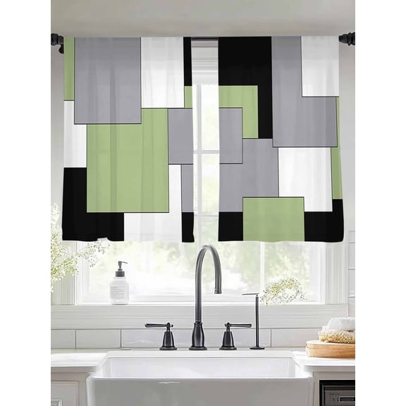 Abstract Art Sheer Curtains 45 inches Long 2 Panels Set Green Black Gray Splice Tiers Sheers Rod Pocket Small Window Short Curtains for Kitchen Cafe, Each 52" W x 45" L
