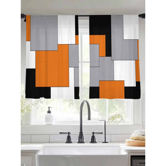 Abstract Art Sheer Curtains 45 inches Long 2 Panels Set Orange Black Gray Splice Tiers Sheers Rod Pocket Small Window Short Curtains for Kitchen Cafe, Each 52" W x 45" L