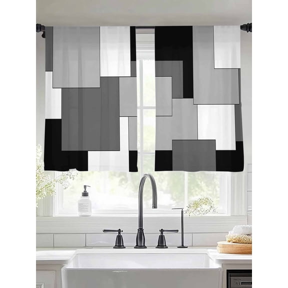 Abstract Art Sheer Curtains 45 inches Long 2 Panels Set White Black Gray Splice Tiers Sheers Rod Pocket Small Window Short Curtains for Kitchen Cafe, Each 52" W x 45" L