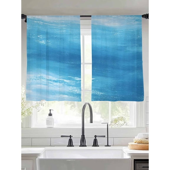 Abstract Art Sheer Curtains 54 Inches Long 2 Panels Modern Ocean Waves Blue Gradient Painting Style Light Filtering Semi Sheer Window Curtains Drapes for Bedroom Living Room 52"x54"