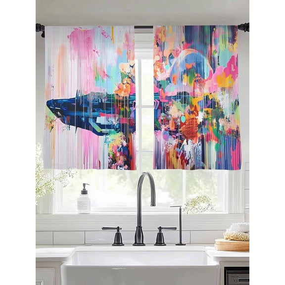 Abstract Art Sheer Curtains 54 Inches Long 2 Panels Simple Style Pink Gradient Collage Art Light Filtering Semi Sheer Window Curtains Drapes for Bedroom Living Room 52"x54"