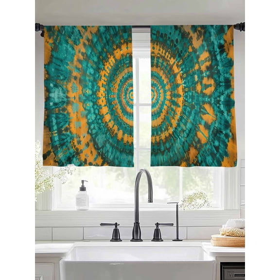 Abstract Art Sheer Curtains 54 Inches Long 2 Panels Teal Yellow Tie-Dye Art Ethnic Style Geometric Light Filtering Semi Sheer Window Curtains Drapes for Bedroom Living Room 52"x54"