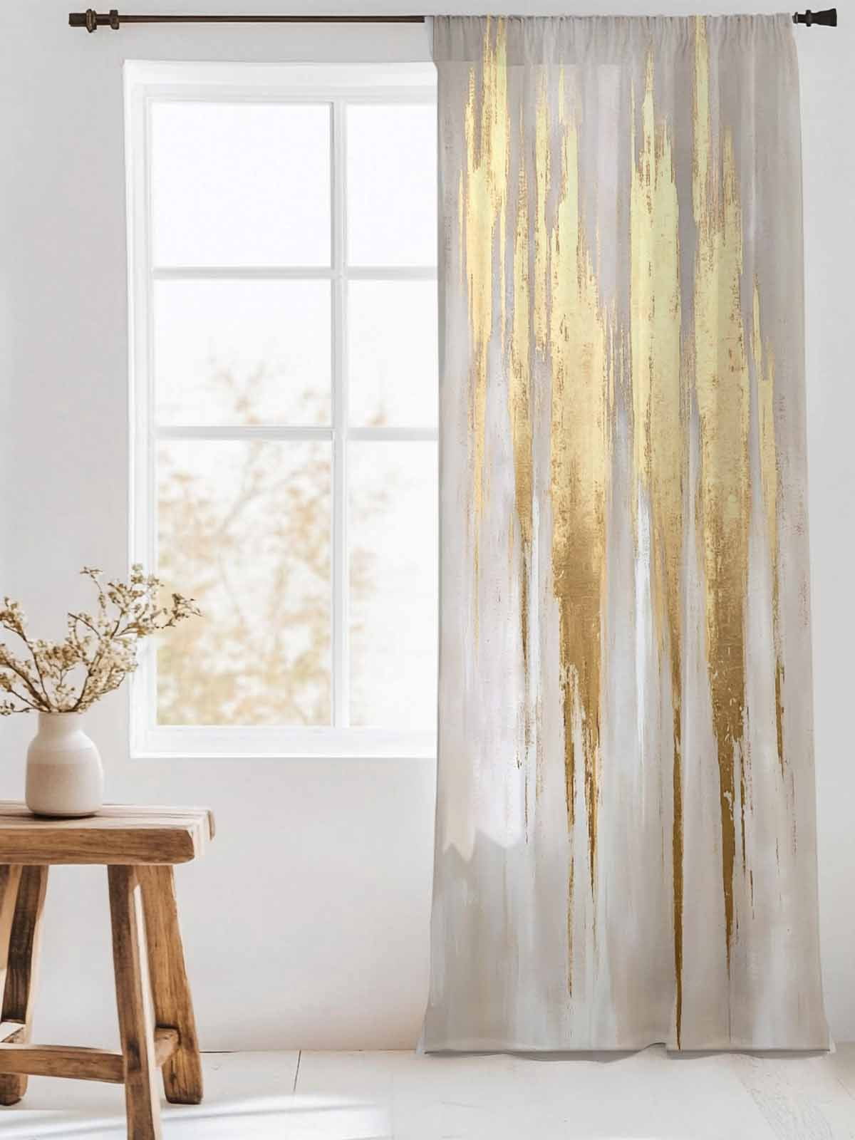 Abstract Art Sheer Curtains 84 Inch Long 1 Panel Gold Color Block Brown ...