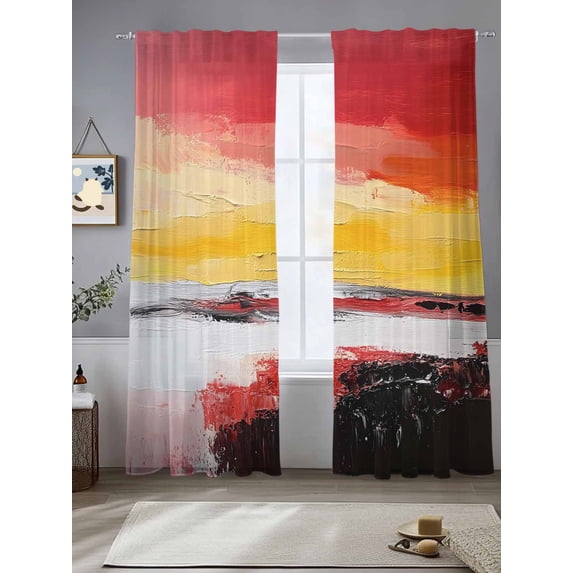 Abstract Art Sheer Curtains 84 Inches Long 2 Panels Modernism Red Yellow Black Water Ripple Light Filtering Semi Sheer Window Curtains Drapes for Bedroom Living Room 52"x84"