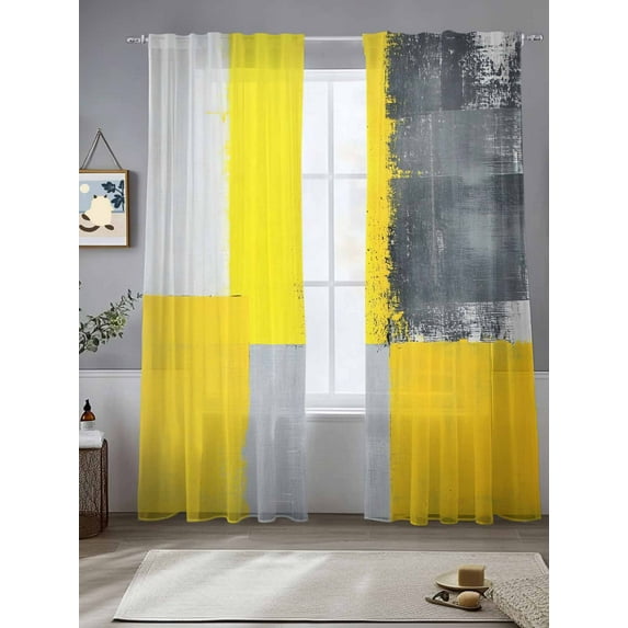 Abstract Art Sheer Curtains 84 Inches Long 2 Panels Watercolor Gary Yellow Block Texture Light Filtering Semi Sheer Window Curtains Drapes for Bedroom Living Room 52"x84"