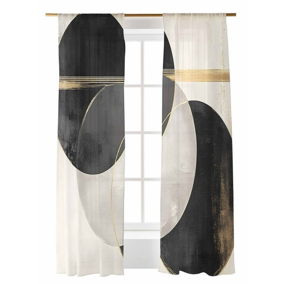 Abstract Art Sheer Curtains 84 inches Long 2 Panels Set Black Gold Circle Moon Stripe Mottled Geometric Sheer Window Curtain Rod Pocket Voile Drapes for Living Room/Bedroom, Each 52" W x 84" L