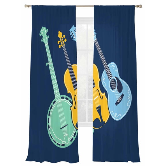 Abstract Art Sheer Curtains 84 inches Long 2 Panels Set Vintage Music Guitars Blue Bottom Sheer Drapes Rod Pocket Window Curtains for Living Room/Bedroom