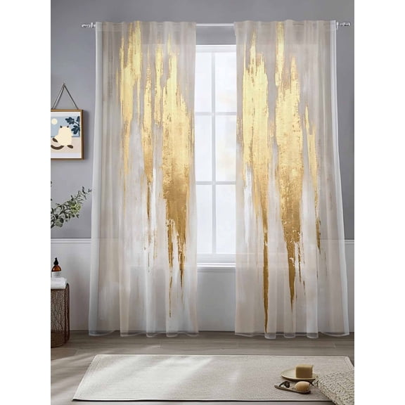 Abstract Art Sheer Curtains 96 Inches Long 2 Panels Gold Color Block Brown Back Impressionist Light Filtering Semi Sheer Window Curtains Drapes for Bedroom Living Room 52"x96"
