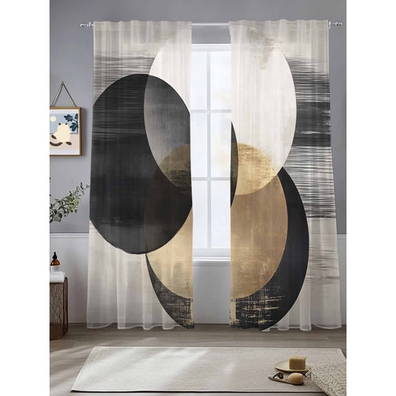 Abstract Art Sheer Curtains 96 Inches Long 2 Panels Mottled Black White Gold Circle Moon Geometric Light Filtering Semi Sheer Window Curtains Drapes for Bedroom Living Room 52"x96"