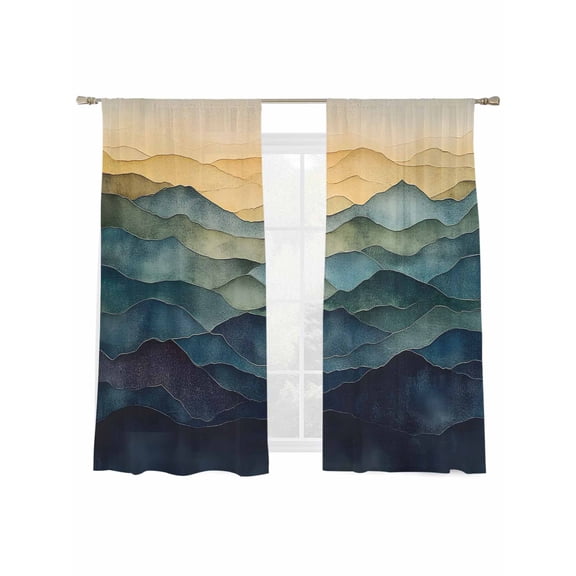 Abstract Art Sheer Curtains for Living Room Bedroom, Light-filtering Sheer Curtain, Modernism Green Yellow Gradient Stripe Rod Pocket Voile Window Treatment Drapes, 52’’Wx72’’L, 2 Panels Set