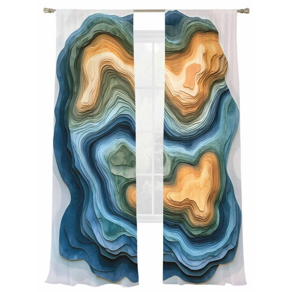 Abstract Art Sheer Curtains for Living Room Bedroom, Light-filtering Sheer Curtain, Modernism Yellow Green Gradient Stripes Rod Pocket Voile Window Treatment Drapes, 52’’Wx84’’L, 2 Panels Set