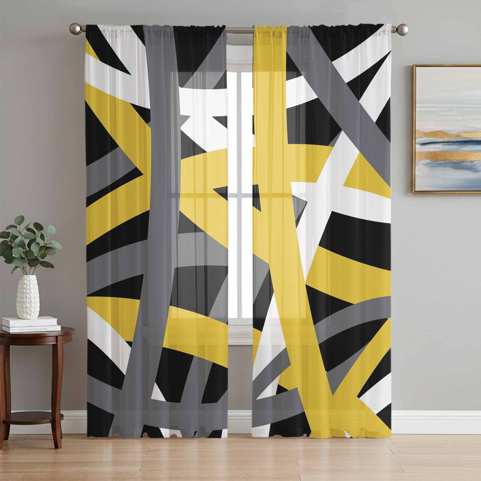 Abstract Art Sheer Curtains for Living Room Bedroom, Yellow White Black ...