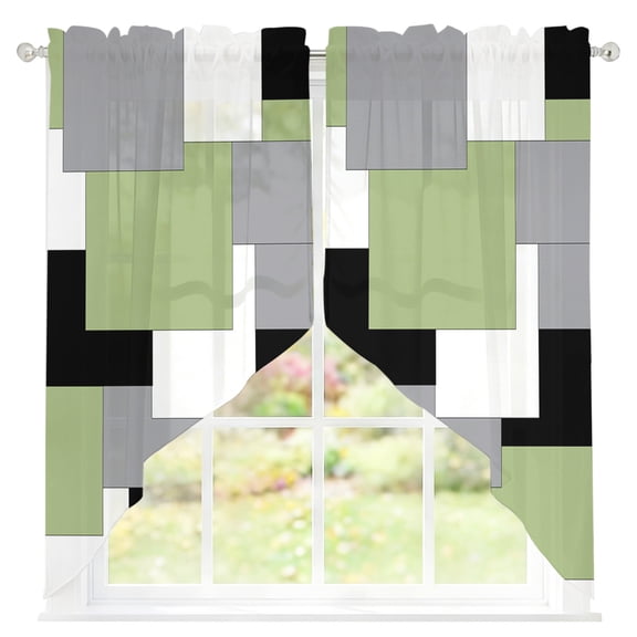 Abstract Art Sheer Curtains Swag Valances for Windows Green Black Gray Splice Rod Pocket Swag Curtain Small Window Curtain for Kitchen Living Room Bedroom, 1 Pair 28"W x 36"L
