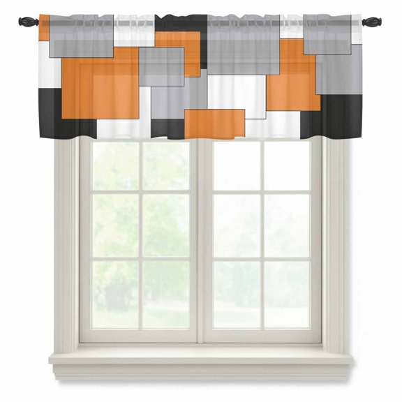 Abstract Art Sheer Valances for Windows Orange Black Gray Splice Semi Sheer Kitchen Valance Rod Pocket Small Window Voile Curtains for Living Room Bedroom Laundry 42 x 12 Inch