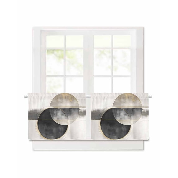 Abstract Art Short Blackout Curtains 30 Inch Long Mottled Geometric Moon Black Gold Circle Striped Rod Pocket Kitchen Curtains, 2 Panels Thermal Insulated Room Drapes for Bedroom, 42"W x 30"L