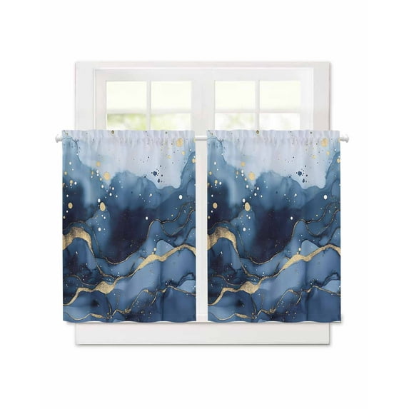 Abstract Art Short Blackout Curtains 45 Inch Long Blue Grey Gradient Marble Texture Rod Pocket Kitchen Curtains, 2 Panels Thermal Insulated Room Darkening Drapes for Bedroom, 30"W x 45"L