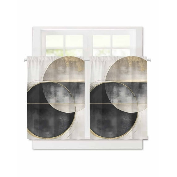 Abstract Art Short Blackout Curtains 45 Inch Long Mottled Geometric Moon Black Gold Circle Striped Rod Pocket Kitchen Curtains, 2 Panels Thermal Insulated Room Drapes for Bedroom, 30"W x 45"L