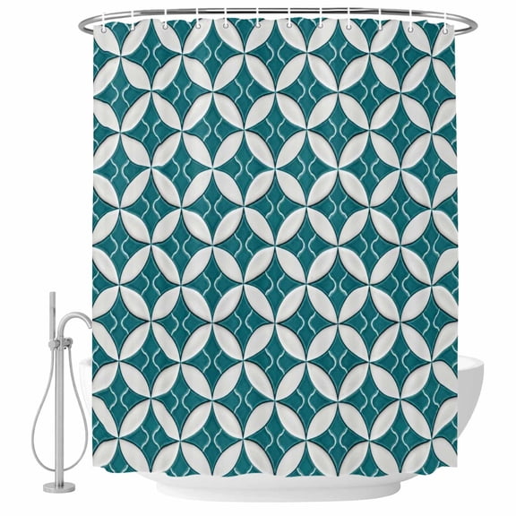 Abstract Art Shower Curtain for Bathroom, Geometric Medieval Circular Modules Teal Green Waterproof Cloth Fabric Bathroom Accessories Set with 9 Rust Proof Plastic Hooks, 36"x72"