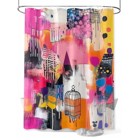 Abstract Art Shower Curtain Set ，Waterproof Fabric Shower Curtains Impressionist Style Pink Yellow Color Block Shower Curtains for Bathroom,Bathroom Decor 36"x72"