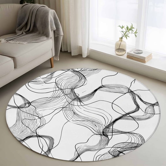 Abstract Art Small Round Rug 3Ft Black and White Minimalist Line Waves Modern Area Rugs Washable Non Slip Indoor Floor Mats Circle Carpet for Living Room Bedroom Dining Room Home Decor